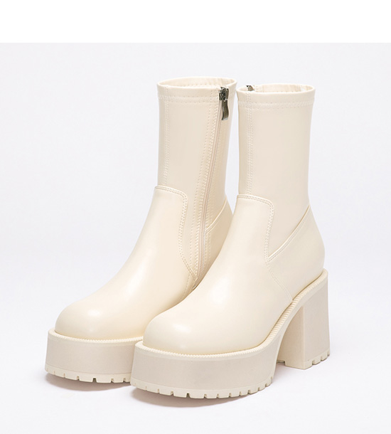 Thick Sole High-Heel Slimming Ankle Boots Vanilla