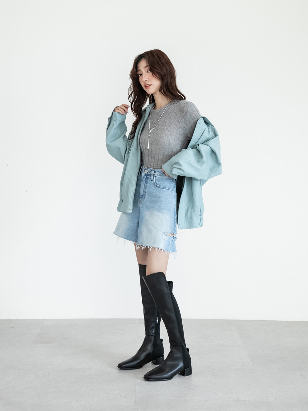 百變主題顯瘦拼接膝上長靴 黑色