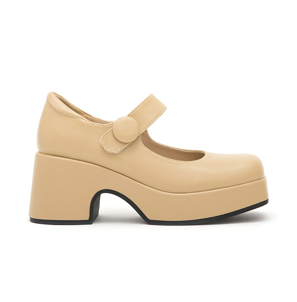 Square-Toe Thick-Soled Mary Jane Shoes Beige