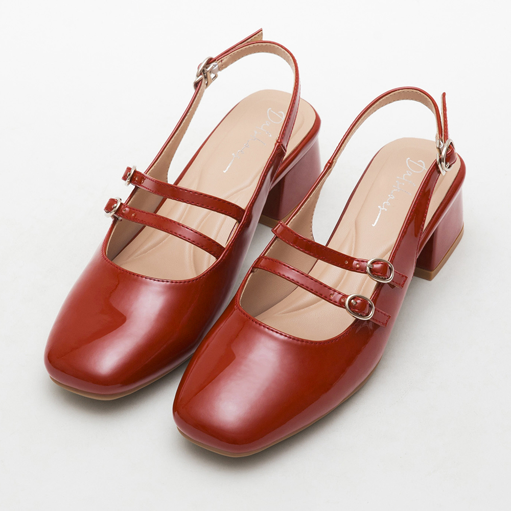 Patent Leather Double Strap Low-Heel Slingback Mary Jane Shoes 磚紅