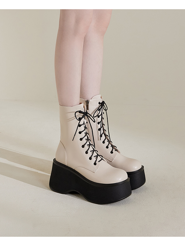 K-pop Girl Thick-Sole Lace-Up Ankle Boots Beige