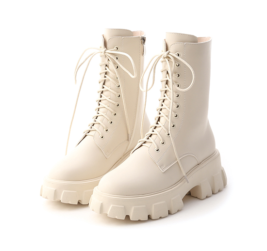 Lightweight Lace-Up Zigzag Chunky Sole Boots Vanilla