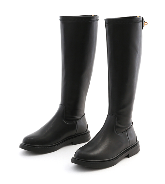Gold Buckle Round Toe Off-Knee Boots Black