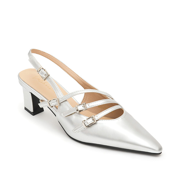 Three-Strap Pointed-Toe Slingback Heels Silver