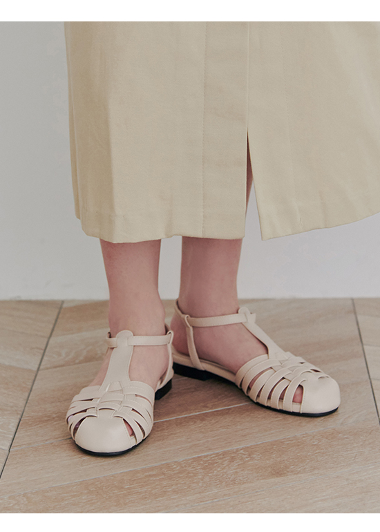 Caged Ankle-Strap Flat Sandals French Vanilla White