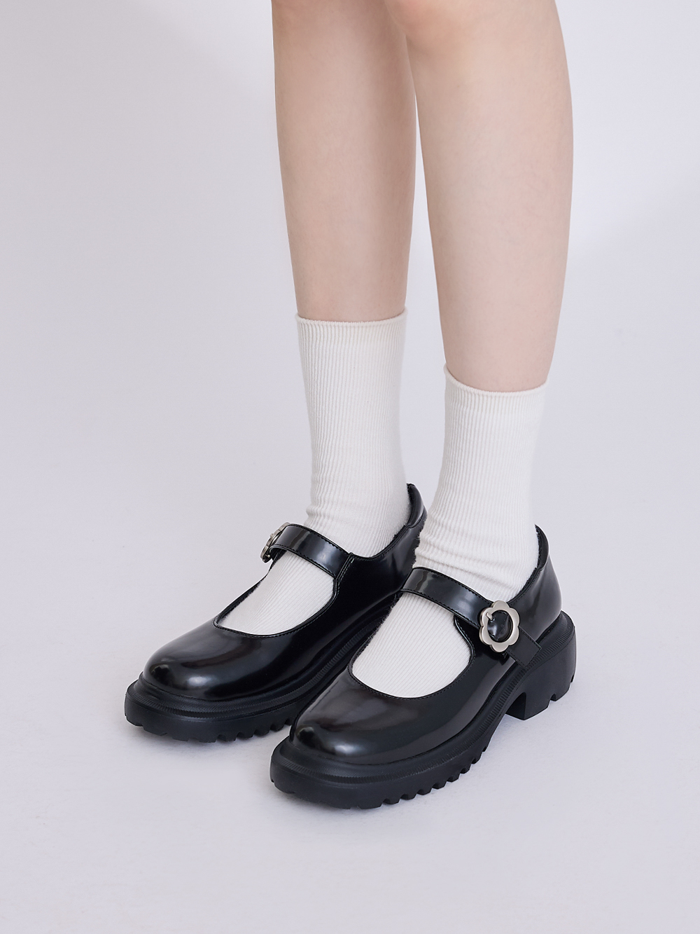 【機能鞋墊】少女風小花釦輕量底瑪莉珍鞋 黑色