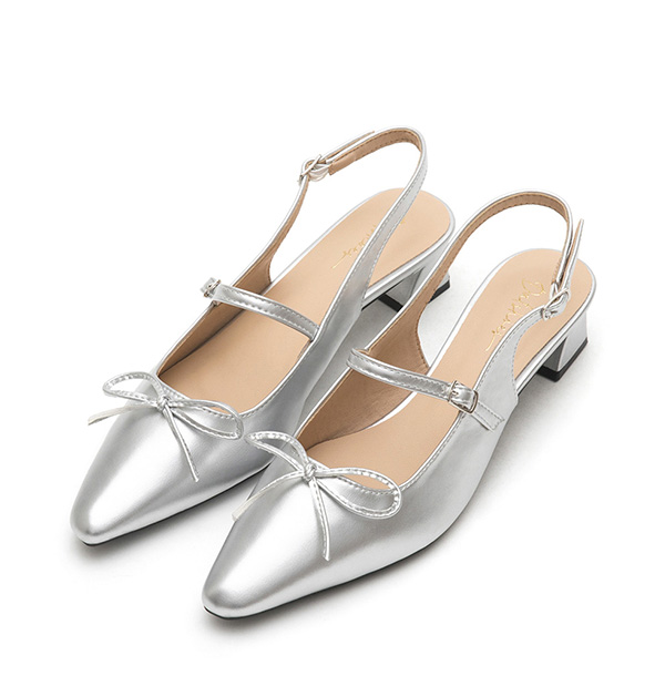 Bow Tie Pointed Toe Slingback Heels Silver