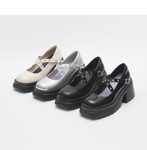 Metallic Cross-Straps Thick Sole Mary Jane Shoes Silver