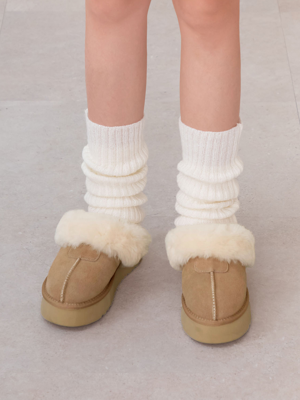 雪地精靈．真皮羊毛厚底雪靴拖鞋 沙色