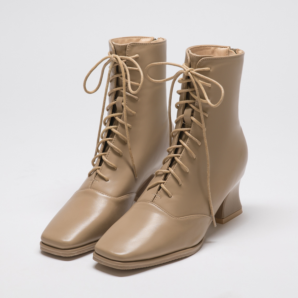 Square Toe Curved Heel Lace-Up Boots Beige