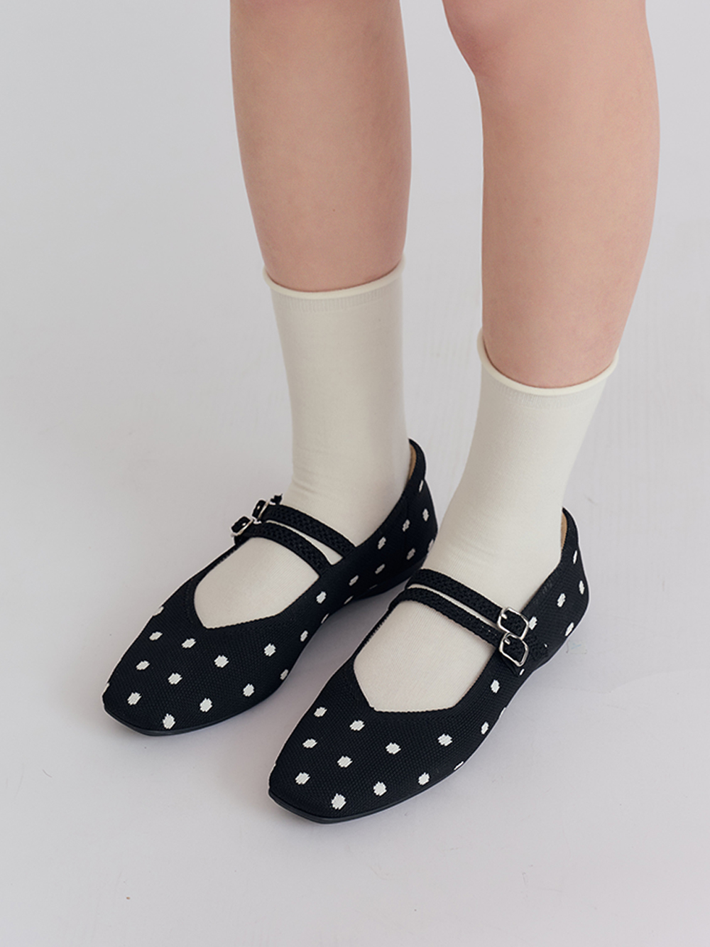 【3D零感雲織鞋】雙帶方頭瑪莉珍鞋 點點黑