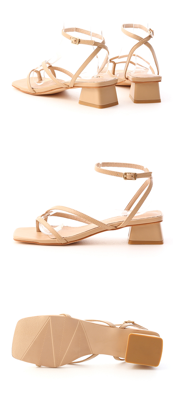 Square Toe Low Heel Strappy Sandals Beige