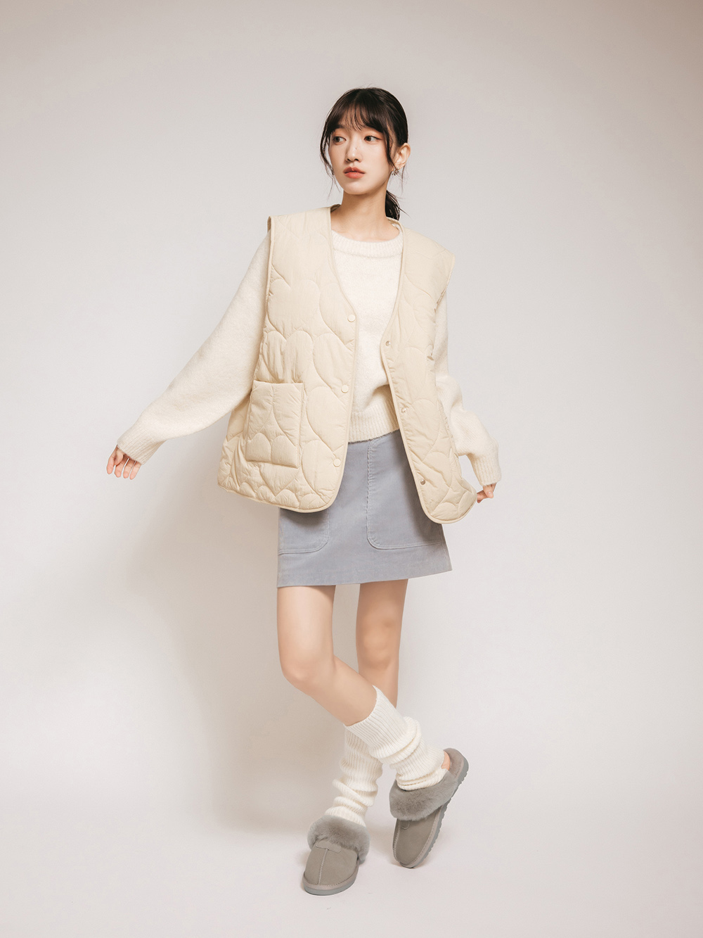 俏皮雪寶．真皮羊毛雪靴拖鞋 高級灰