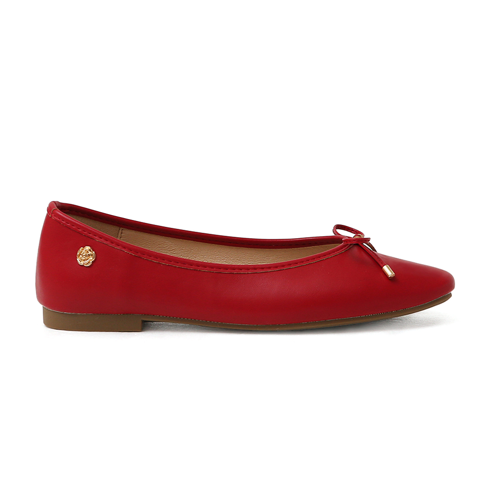 浪漫花釦．小蝴蝶結平底芭蕾娃娃鞋 魅力紅