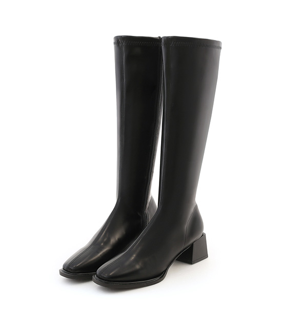 Plain Square Toe Mid-Heel Slimming Boots Black