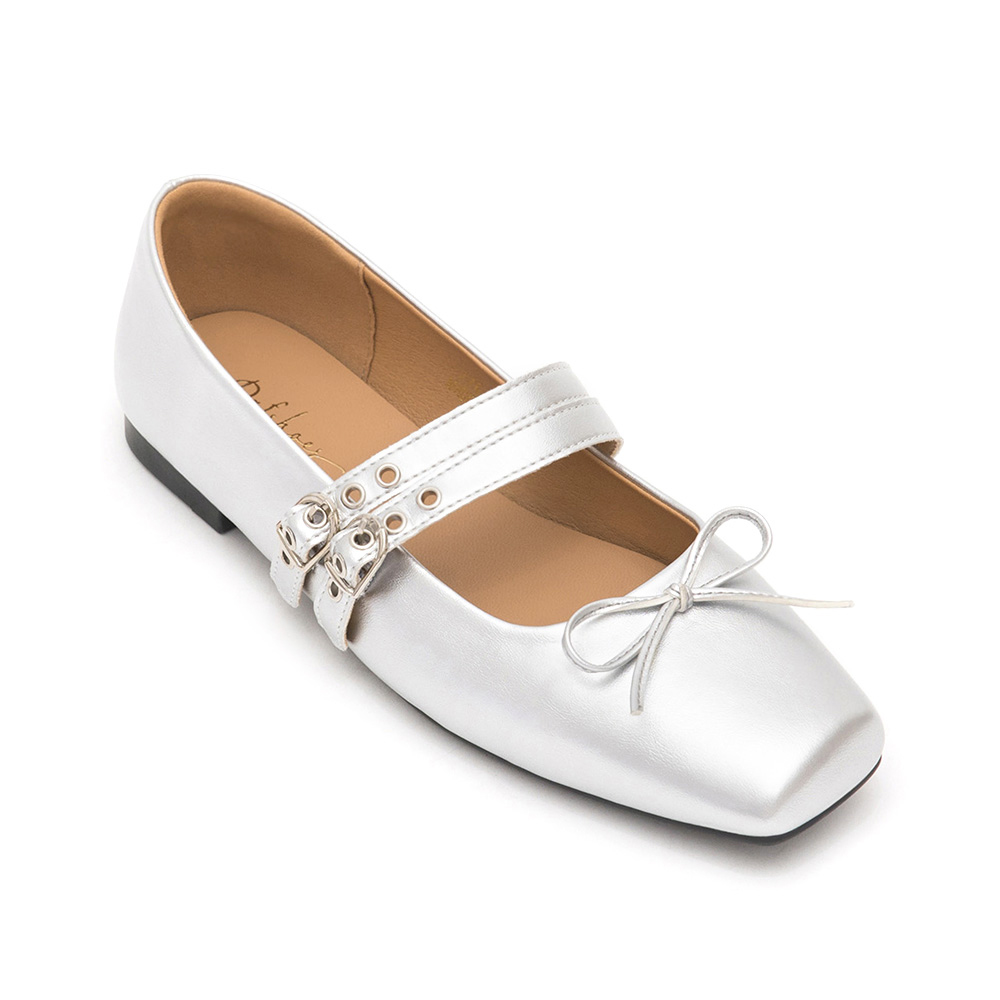 Punk Metal Double Buckle Ballet Flats Silver