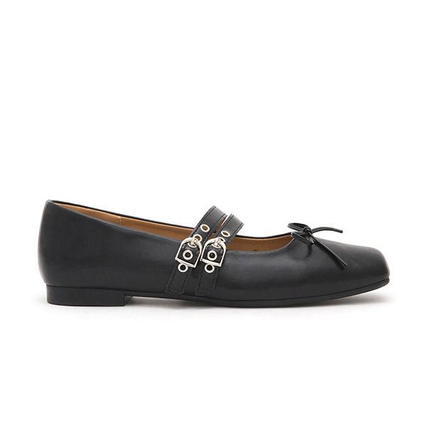 Punk Metal Double Buckle Ballet Flats Black