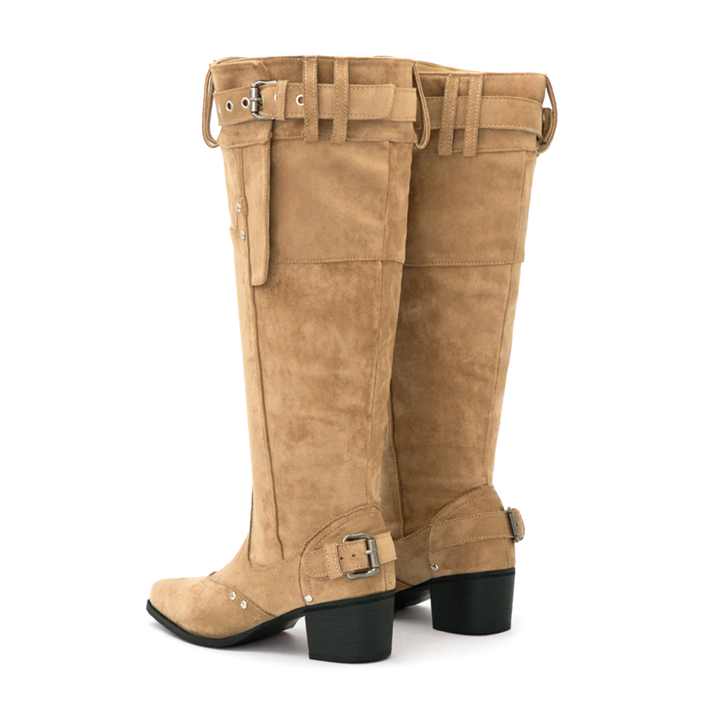 流浪風褲型剪裁尖頭寬筒靴 卡其色