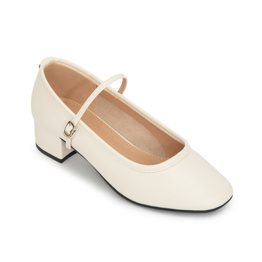 甜蜜蜜方頭氣質粗跟瑪莉珍鞋 米白色