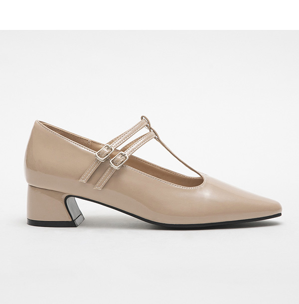 Patent T-Bar Mid-Heel Mary Jane Shoes Beige