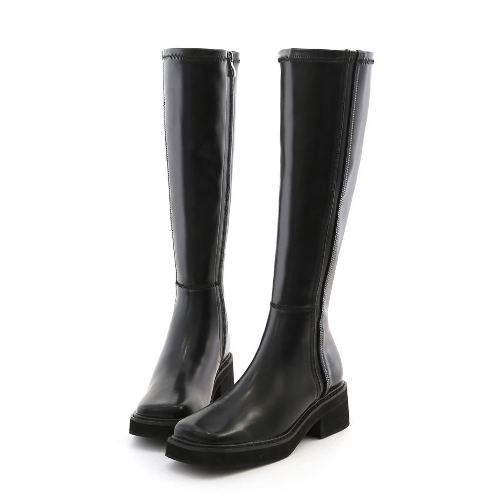 Stitched Square Toe Thick Sole Tall Boots Black
