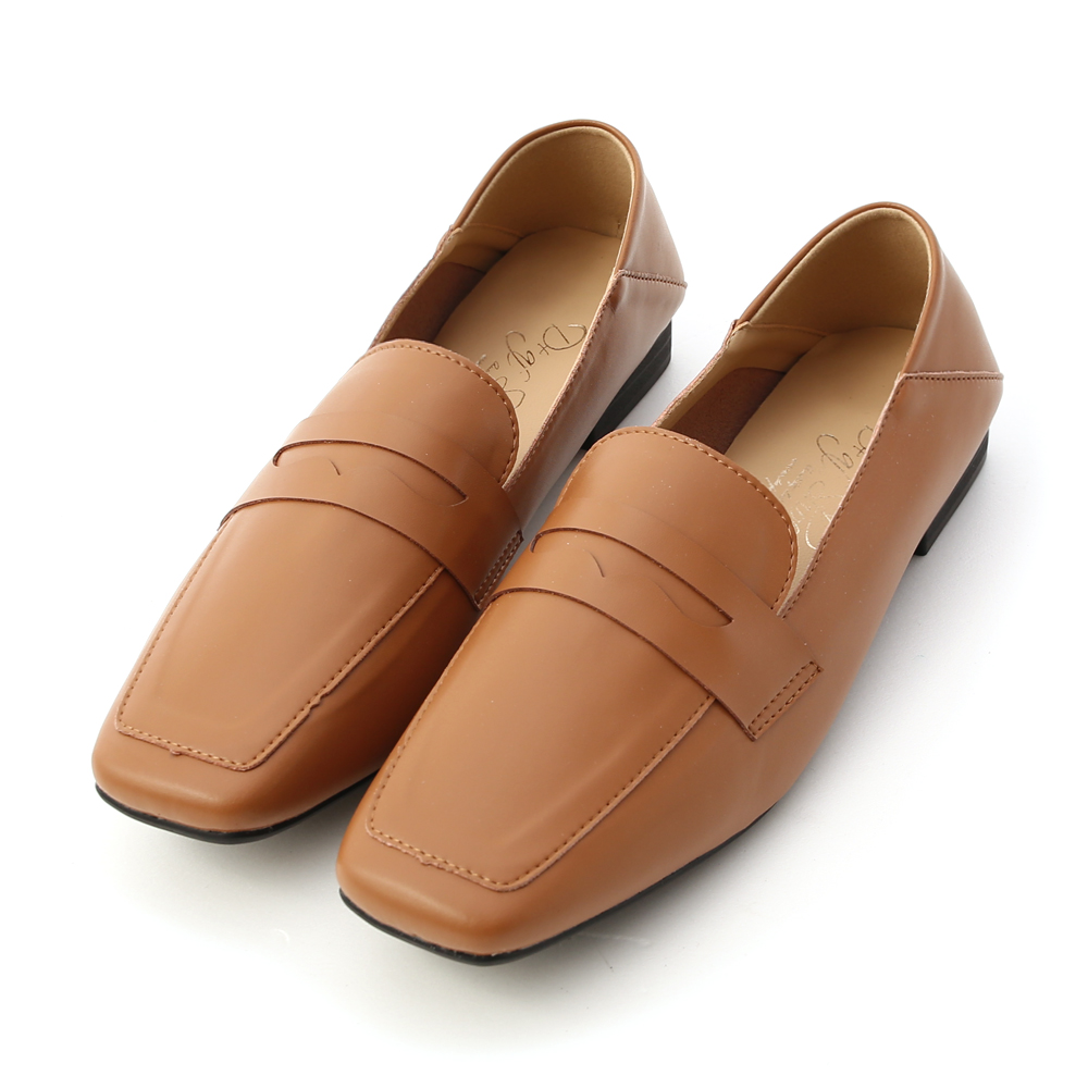 Soft Faux Leather Square Toe Loafers Brown