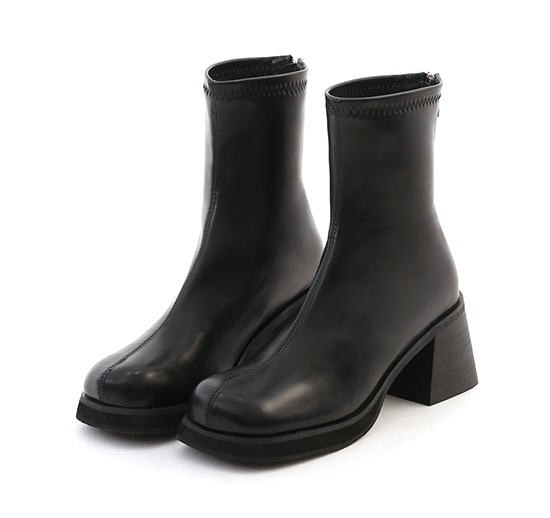 Round Toe Stitching Thick Sole Slimming Boots Black