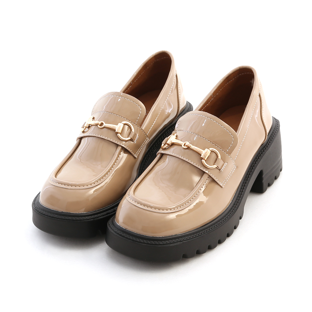 Patent Leather Horsebit Thick Sole Lightweight Loafers Beige