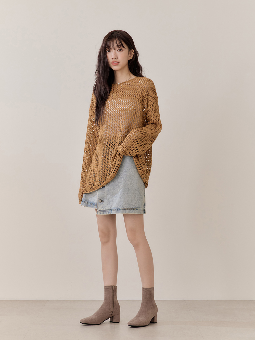 秋冬定番．素面合腿中跟方頭襪靴 摩卡灰棕