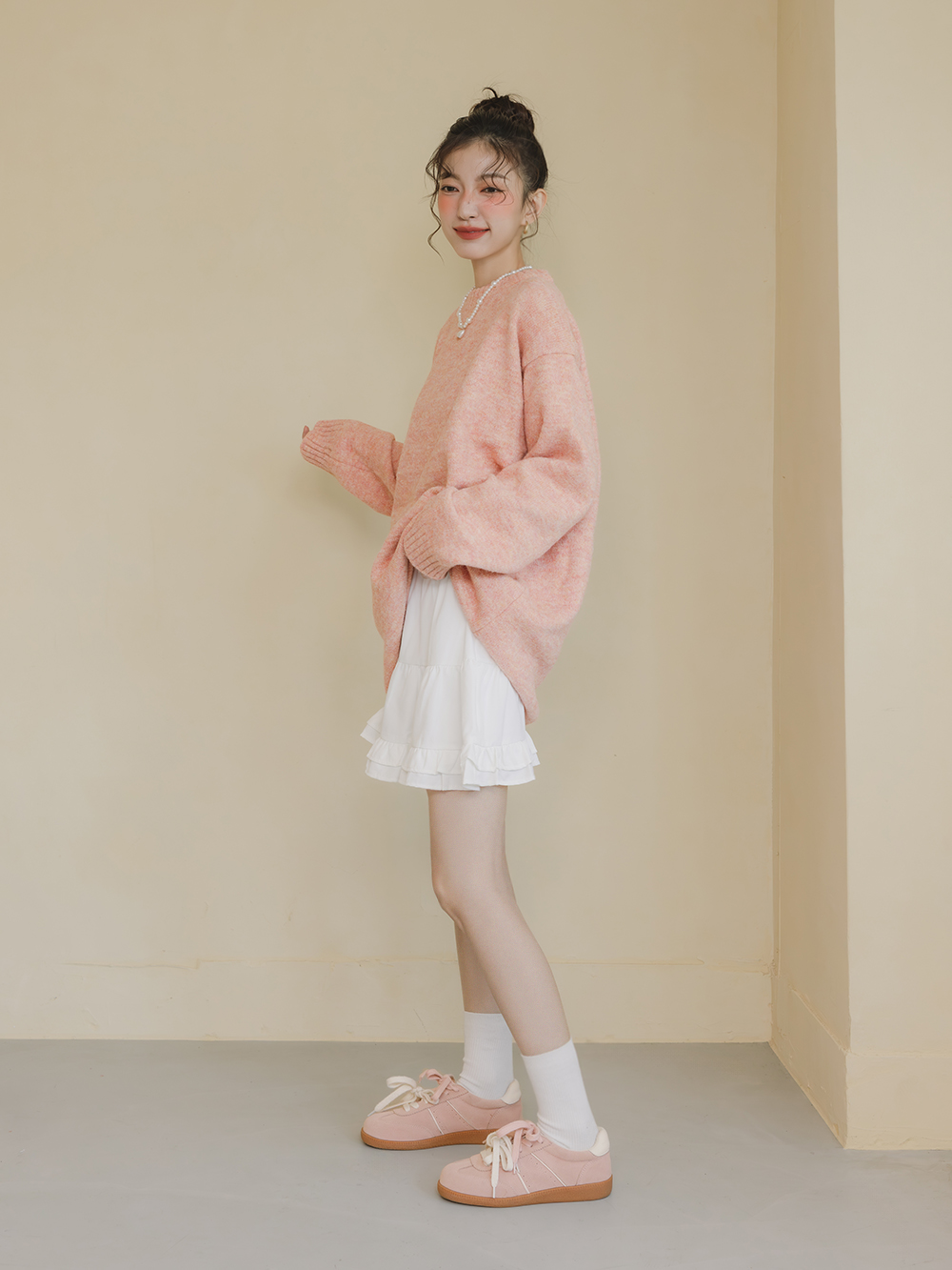 雙色鞋帶真皮復古德訓鞋 粉