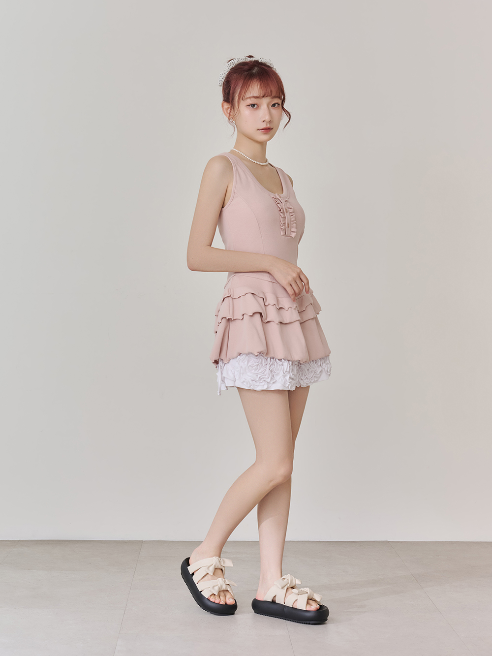 可愛雙蝴蝶結胖胖底氣墊拖鞋 米