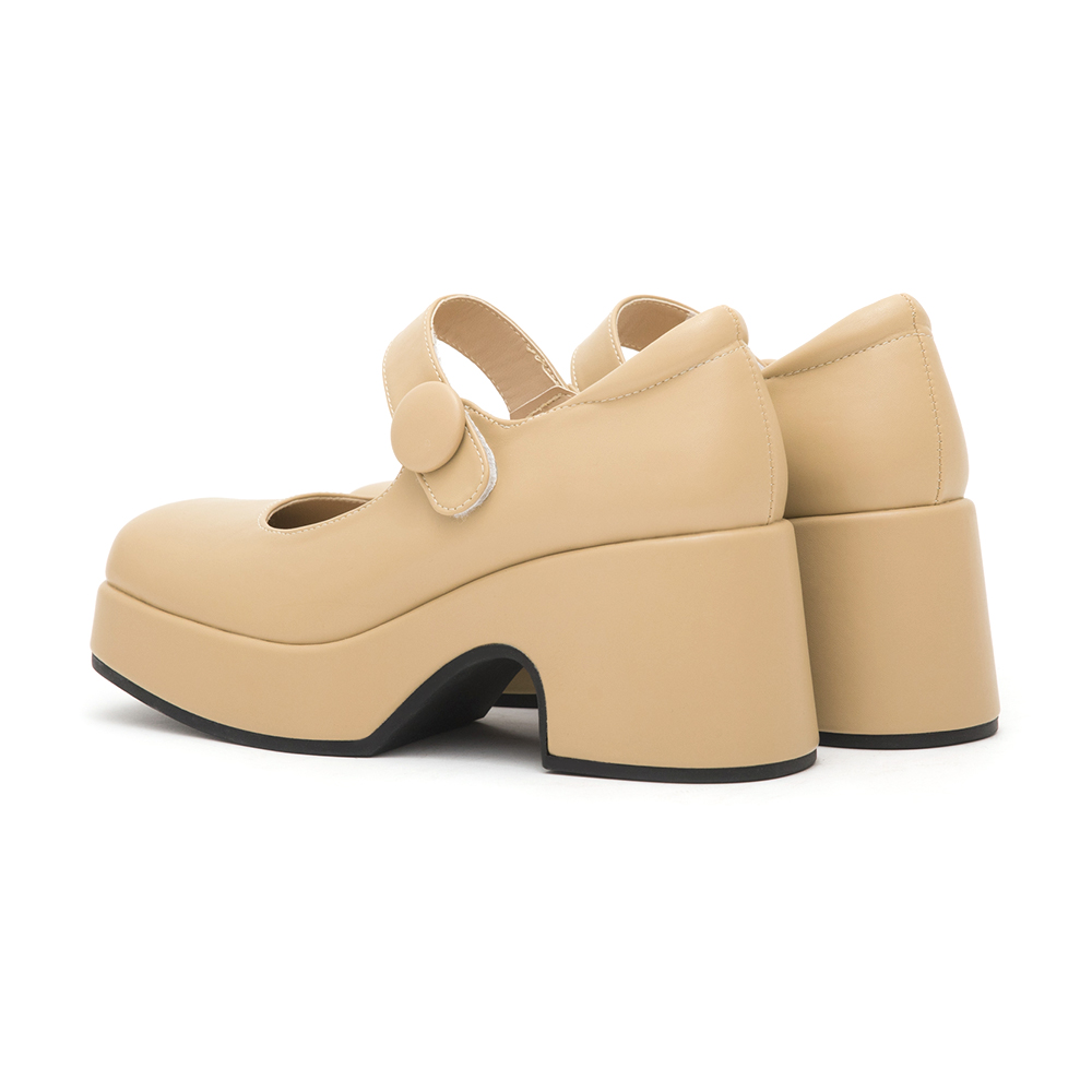 Square-Toe Thick-Soled Mary Jane Shoes Beige