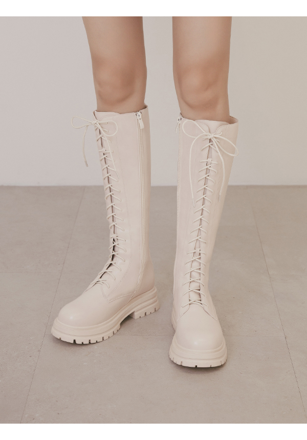 Platform Sole Lace-Up Combat Long Boots Beige