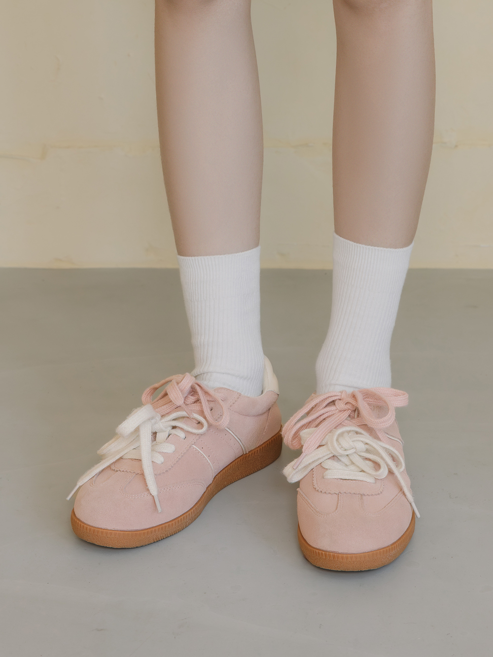 雙色鞋帶真皮復古德訓鞋 粉