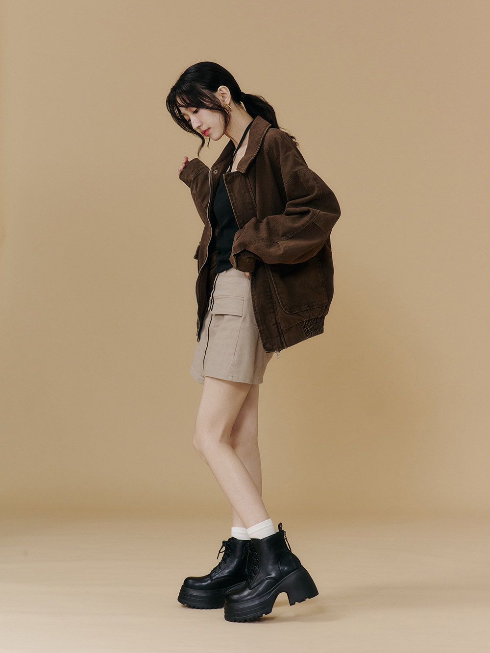 舞力全開增高加厚底綁帶短靴 黑色