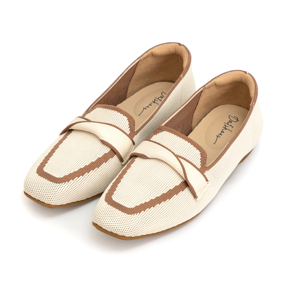 【3D零感雲織鞋】雙色拼接扭結方頭樂福鞋 香草米