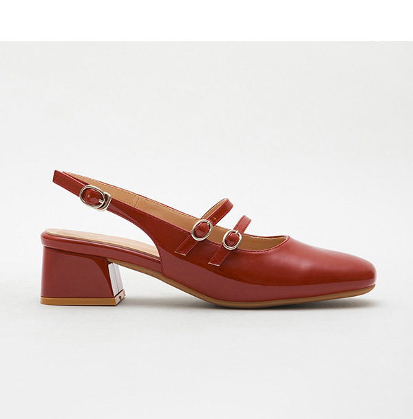 Patent Leather Double Strap Low-Heel Slingback Mary Jane Shoes 磚紅