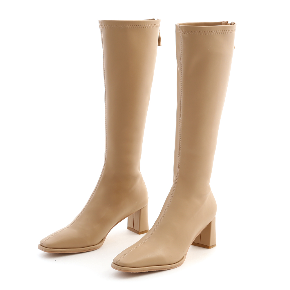 Plain High Heel Under-The-Knee Boots Beige