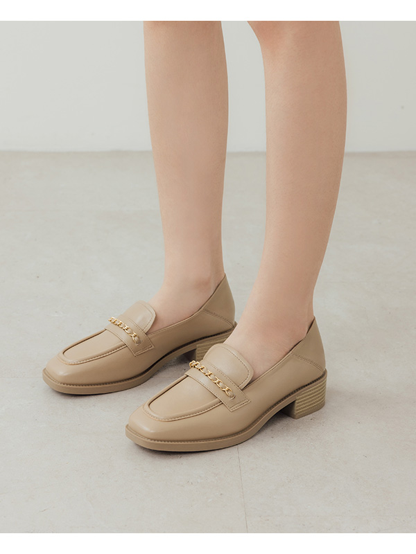 Metal Chain Square-Toe Loafers Beige