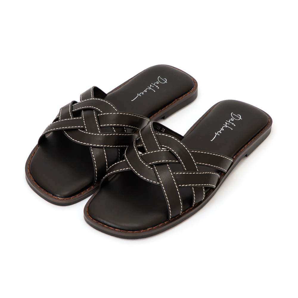 漫步海島編織設計平底拖鞋 黑