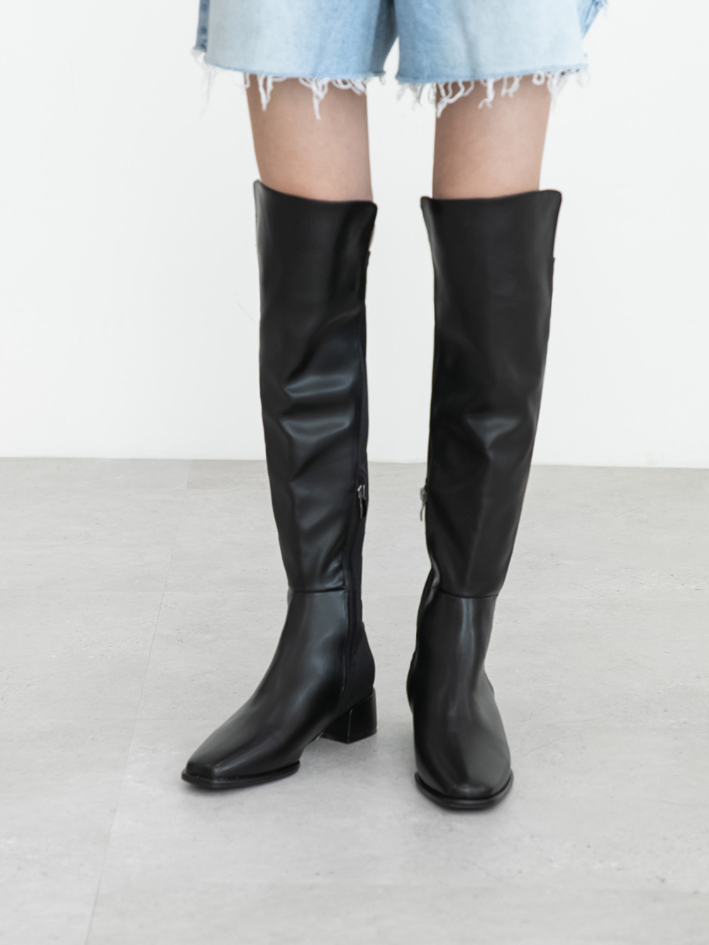 百變主題顯瘦拼接膝上長靴 黑色