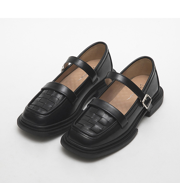 Chekered Woven Loafer Mary Jane Shoes Black