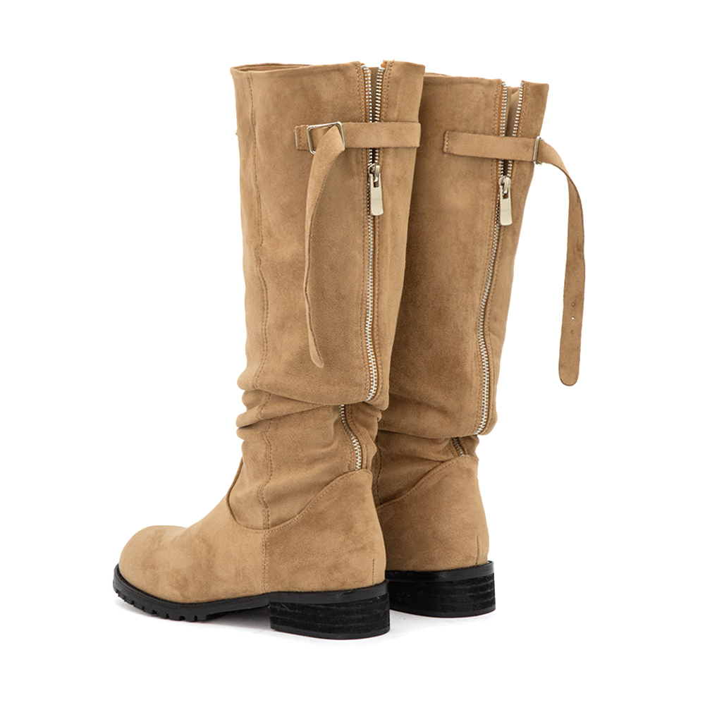 潮流熱搜後拉鍊寬筒堆堆靴 卡其色