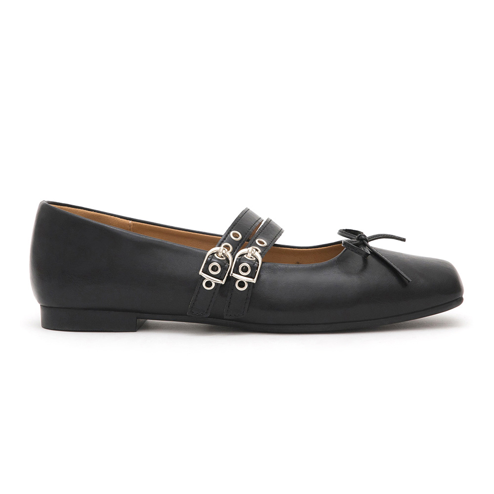 Punk Metal Double Buckle Ballet Flats Black