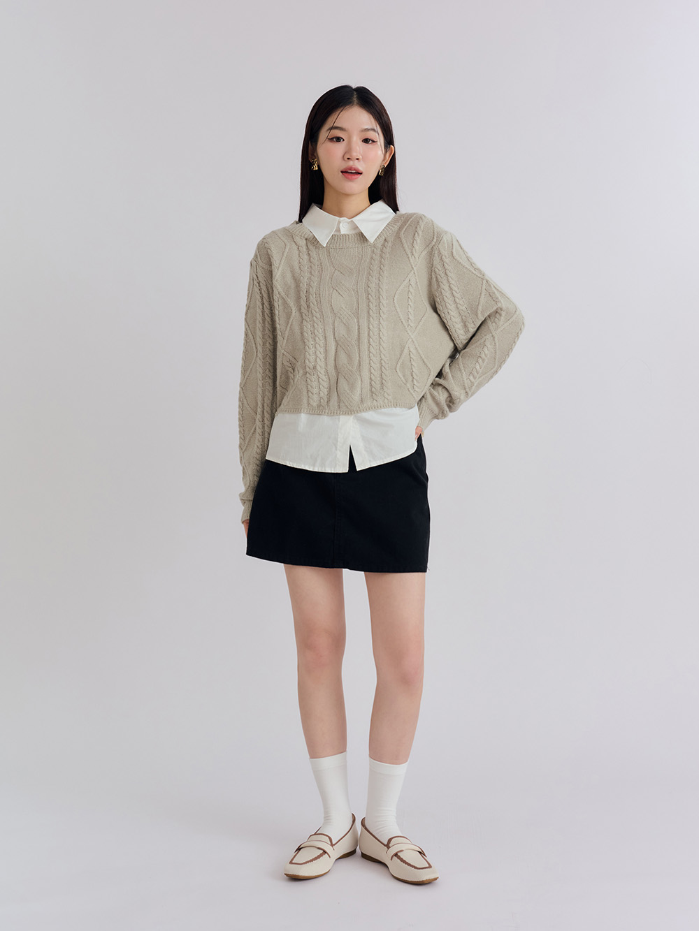 【3D零感雲織鞋】雙色拼接扭結方頭樂福鞋 香草米