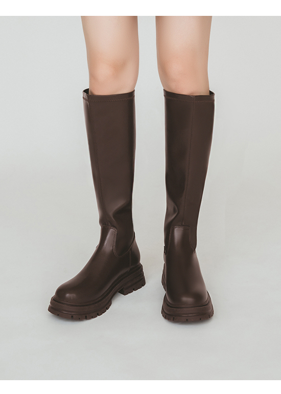 Silver Buckle Plain Knee-High Boots Dark Brown