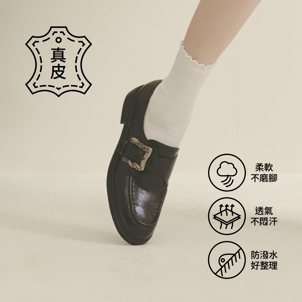 【真皮系列】凡爾賽玫瑰低跟復古孟克鞋 黑色