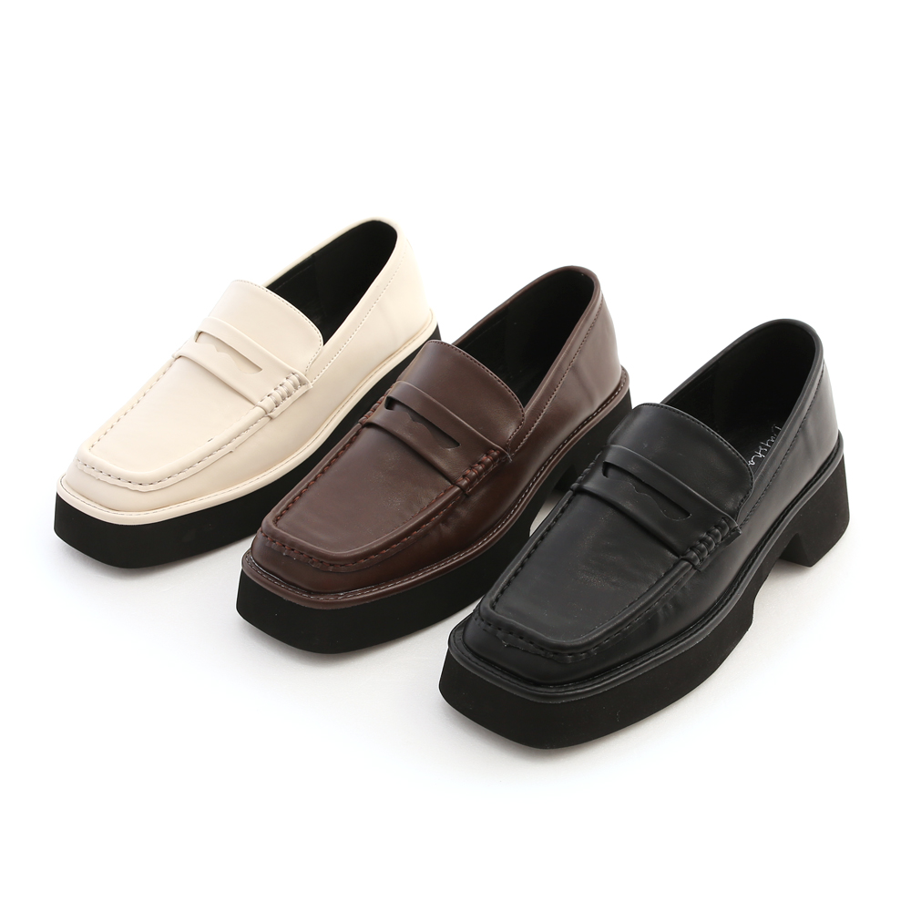 Square Toe Bulky Penny Loafers Dark Brown