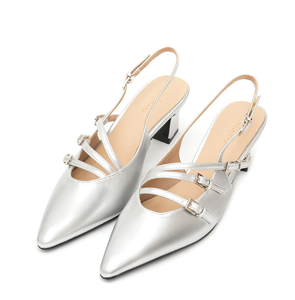 Three-Strap Pointed-Toe Slingback Heels Silver