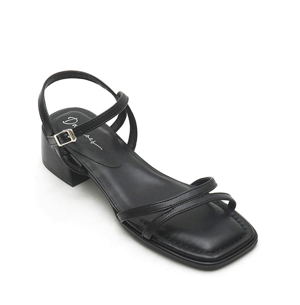 Curved Strap Square Toe Low-Heel Sandals Black